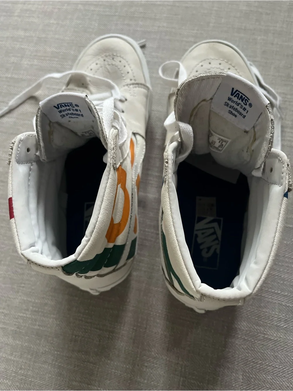 Vans Sk8-Hi Deck Club 66 White Leather High Top Skate Sneakers w/ Bold Graphics